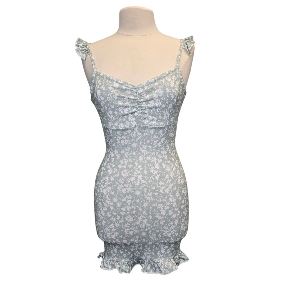 PrettyLittleThing Womens US 4 Pale Green & White Floral Print Ruffle Mini Dress